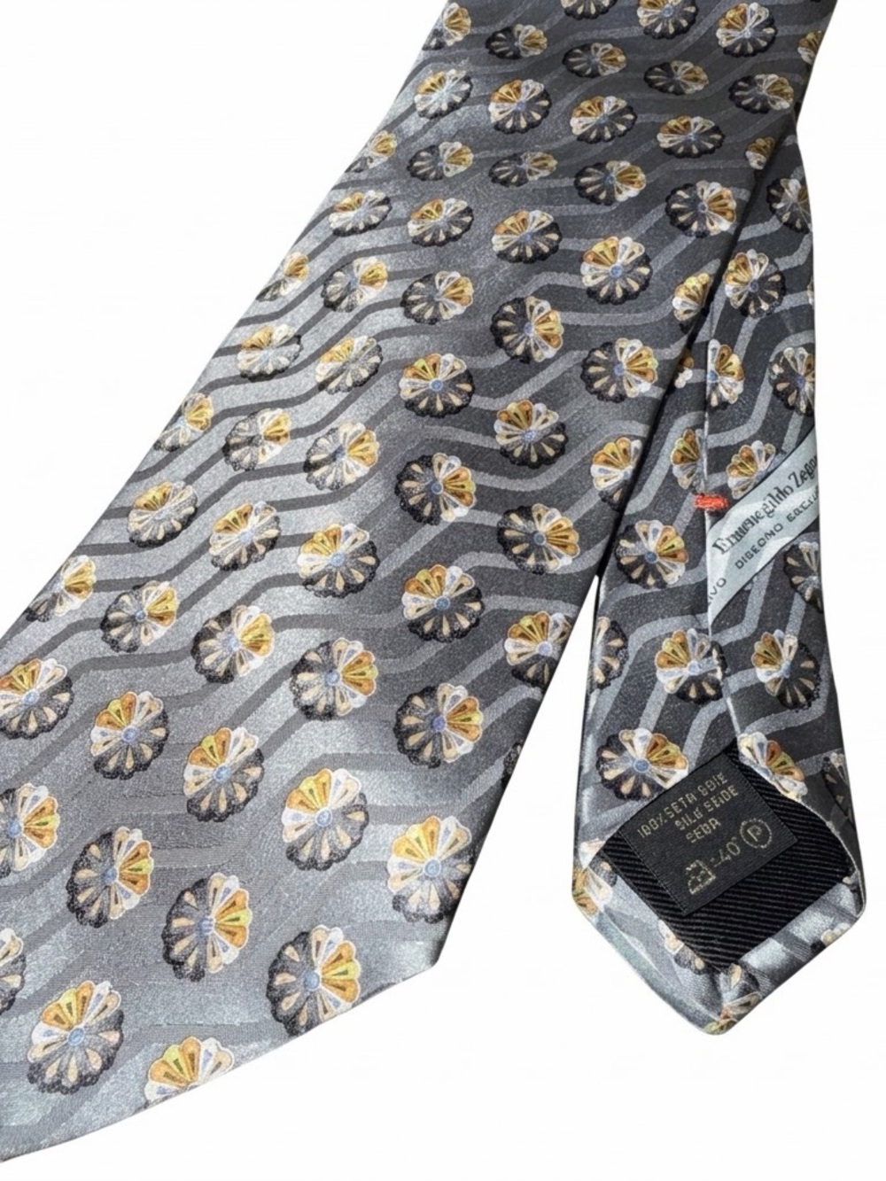 Ermenegildo Zegna Gray Silk Tie with Gold & Silver Floral Motif